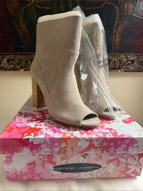 Chinese Laundry Taupe Suede Peep-Toe Ankle Booties